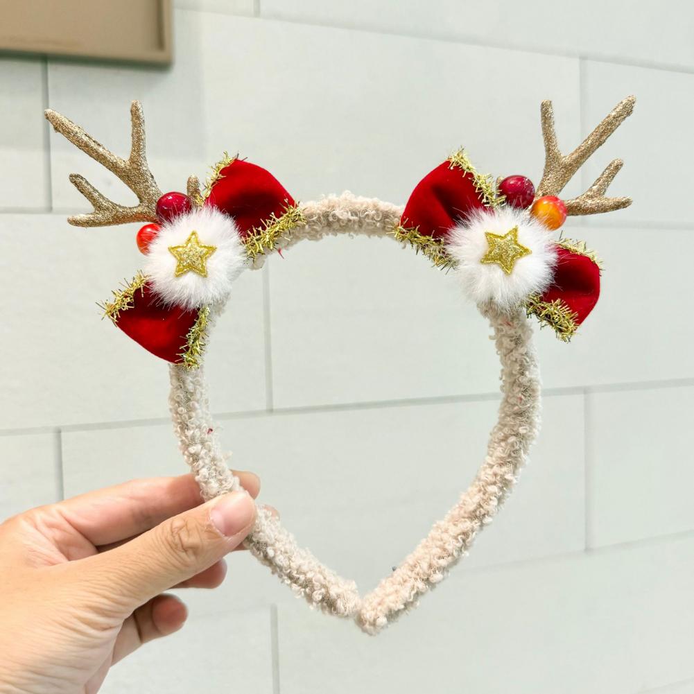 Reindeer Antlers Headband - クリスマスヘッドバンド女性用エルクヘアフープフリーストナカイの角ヘッドバンド、リボンとポンポン付き、クリスマスパーティーコスプレアクセサリー用