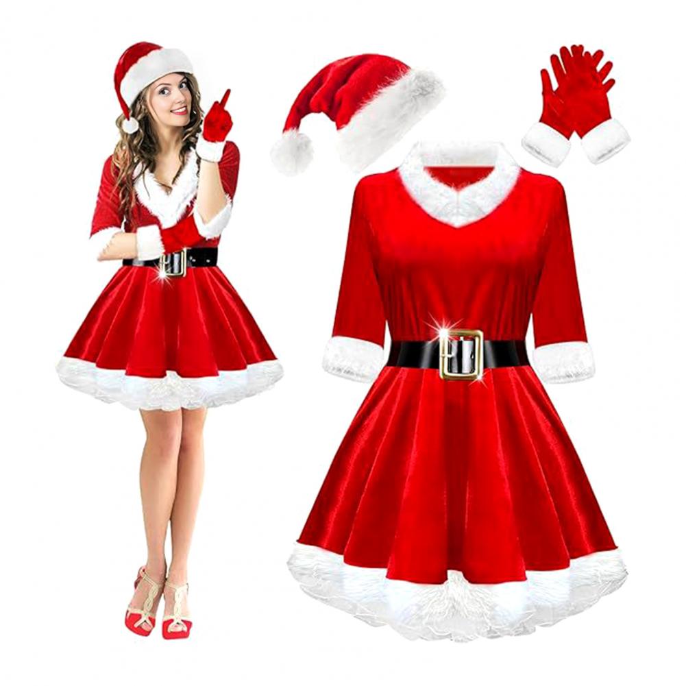 Elf Costume Christmas - ミセス・クロースコスチュームセット 女性用 4点セット サンタクロースコスチューム 大人用 ベルベットサンタクロースドレス