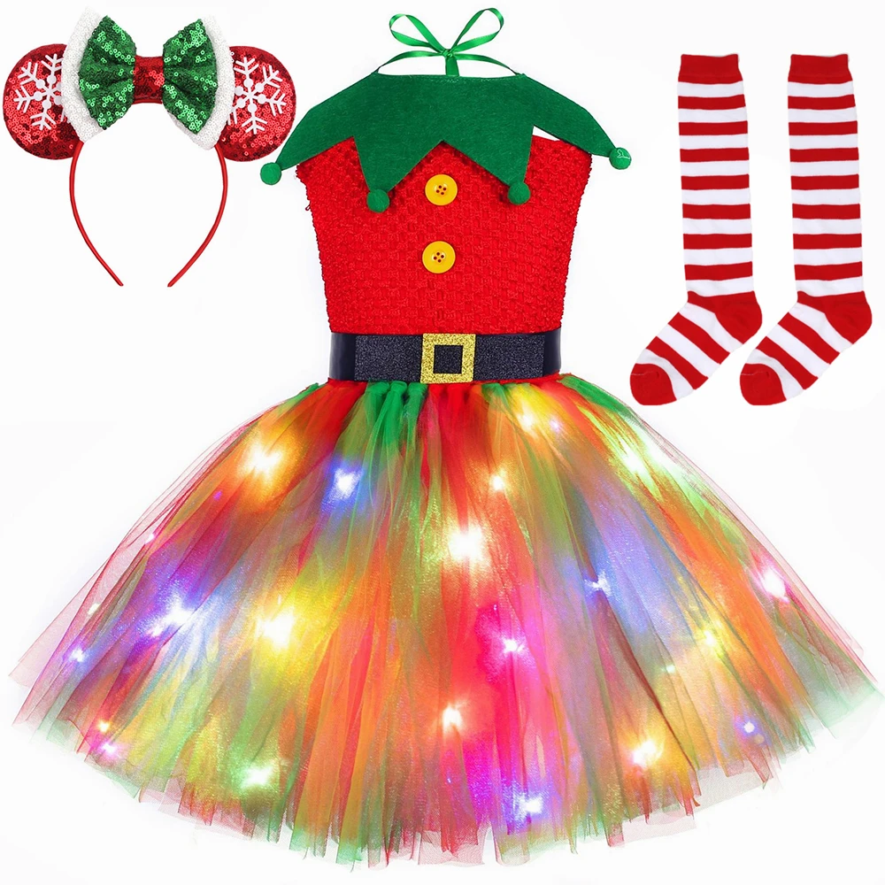 Elf Costume Christmas - クリスマスチュチュドレス 赤緑チュールプリンセスドレス エルフコスチューム 女の子用 LEDライトアップ付き 新年クリスマスパーティー衣装