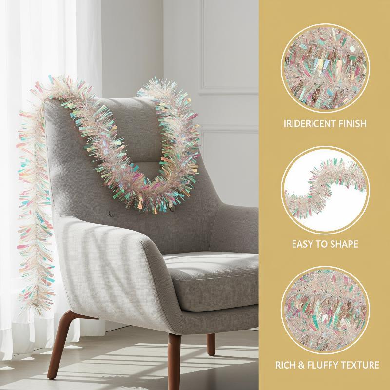 Tinsel Garland Decoration - ライトグリーンの虹色ホログラフィックティンセルガーランド、光沢のあるクリスマスデコレーション、クリスマスツリー、オフィスパーティー、新年飾り用