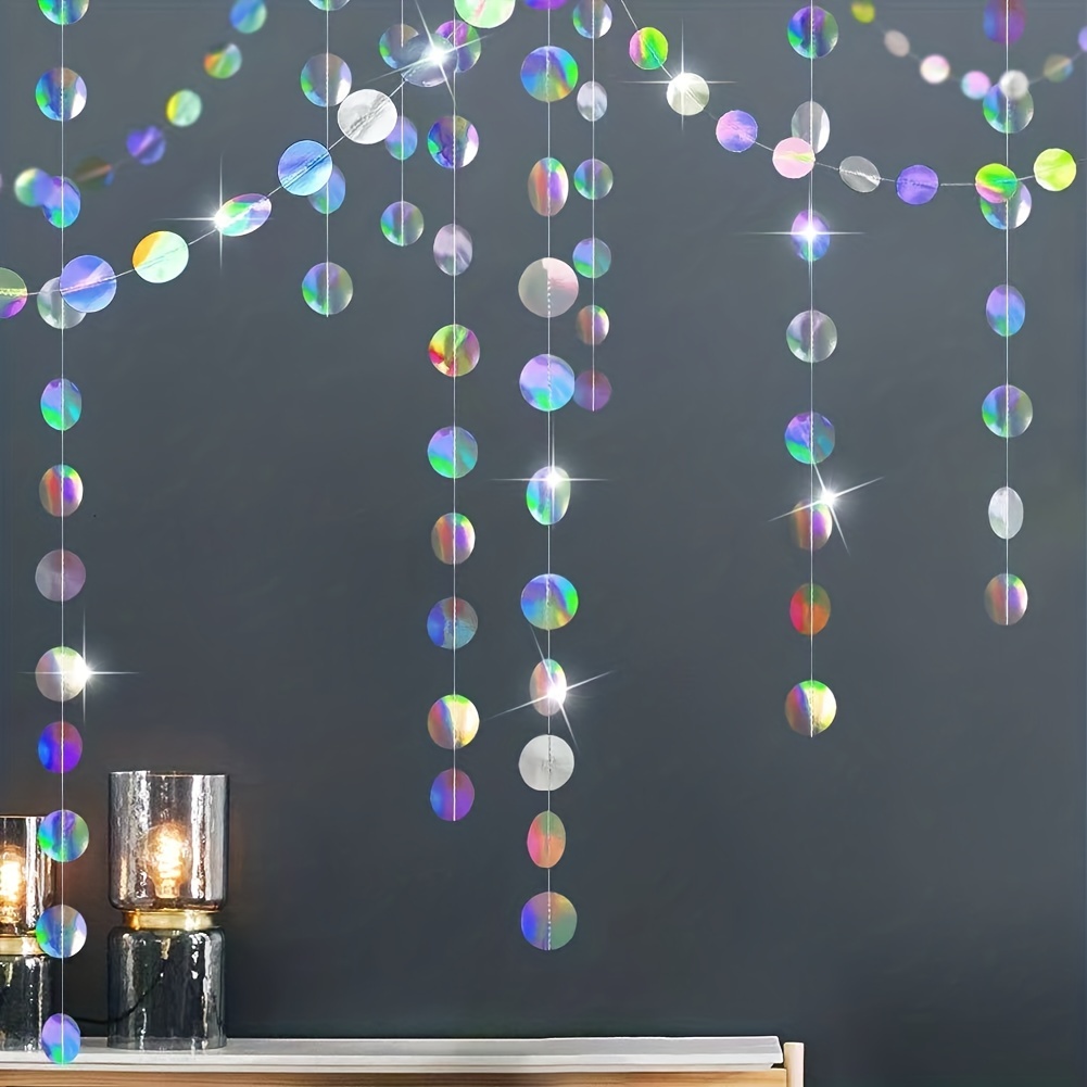 Tinsel Garland Decoration - きらめく虹色のサークル花輪 1 個 - マジカルホログラフィックハンギングドットストリーマー背景幕 ユニコーン