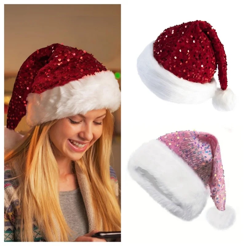 Santa Hat Plush - 二重層スパンコールクリスマスハット、ふわふわの長いポンポン付きのプラッシュサンタクロースハット、大人と子供のクリスマスパーティー装飾用