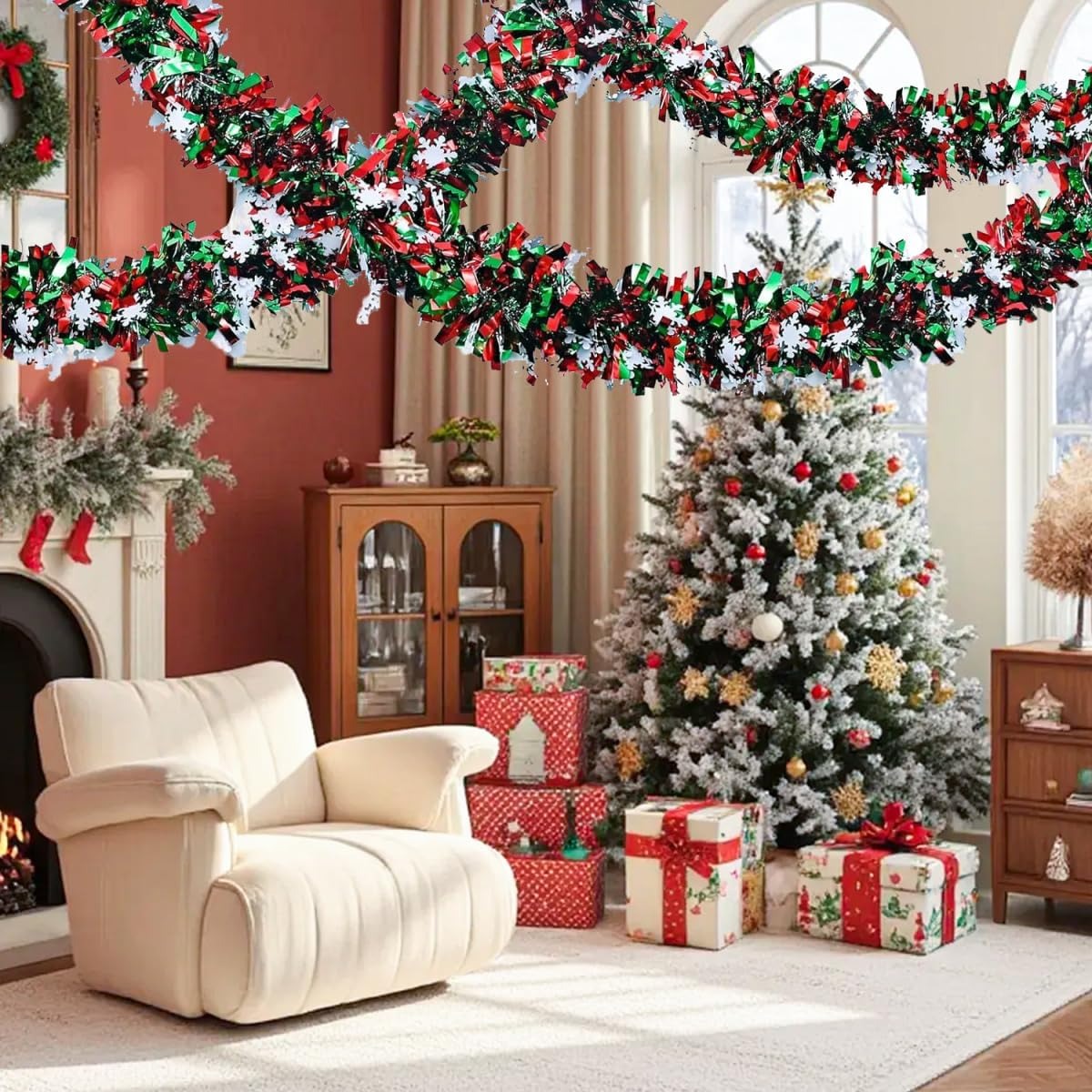 6.56フィートの緑と赤のクリスマスメタリックティンセルツイ - Tinsel Garland Decoration のレビューと価格