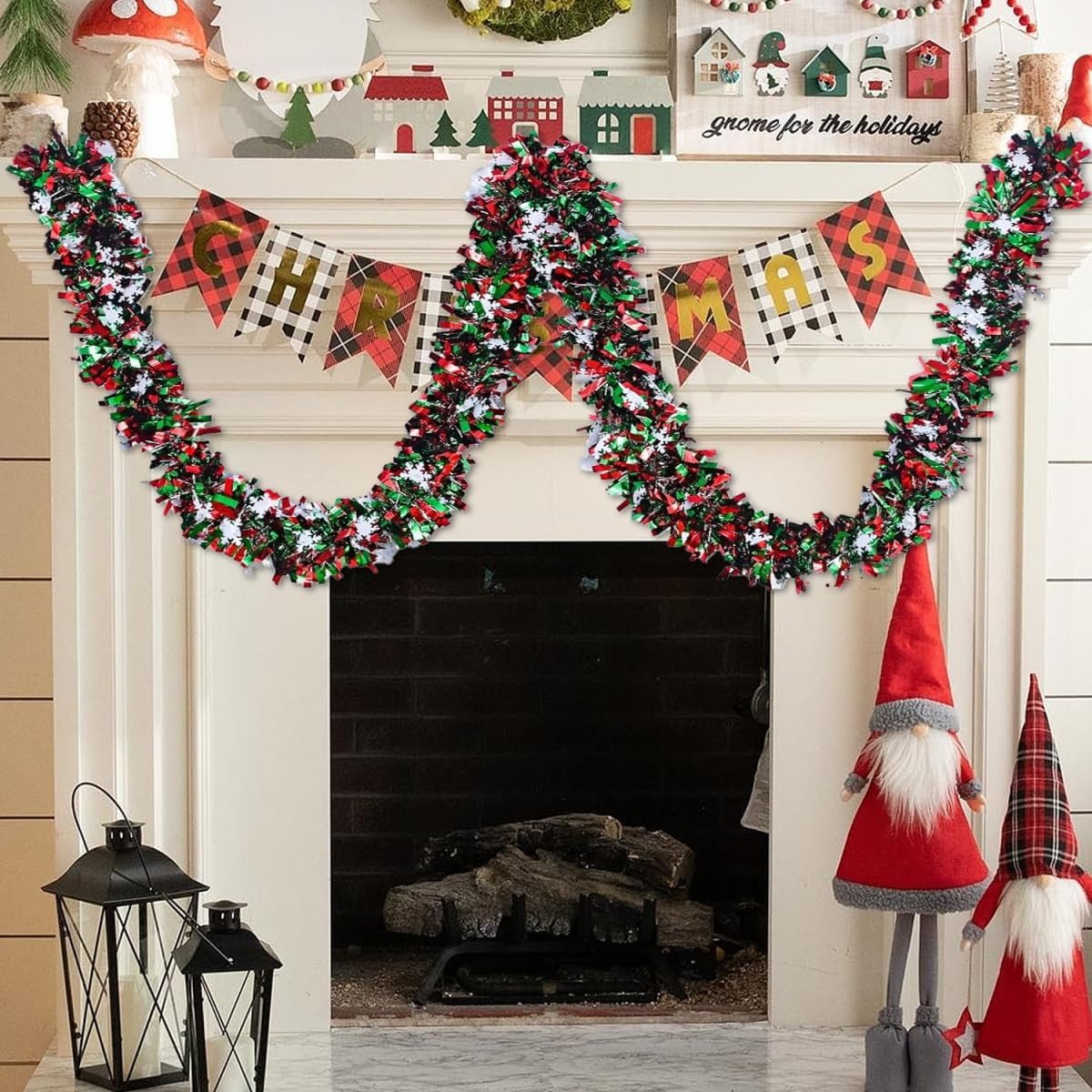 6.56フィートの緑と赤のクリスマスメタリックティンセルツイ - Tinsel Garland Decoration のレビューと価格