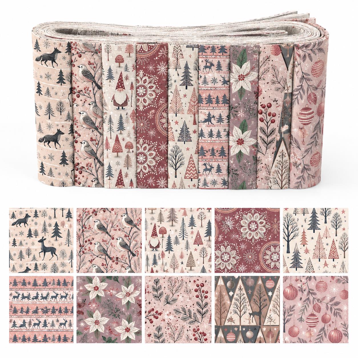 クリスマス柄のゼリーロール生地ストリップ10枚 2.5X19 - Christmas Table Runner のレビューと価格