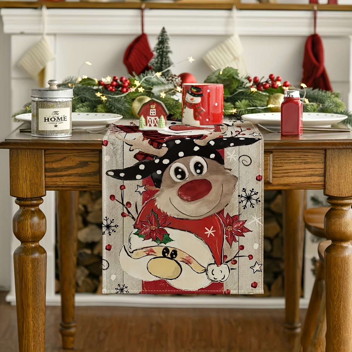 トナカイ、サンタクロース、雪の結晶のクリスマステーブルランナ - Christmas Table Runner のレビューと価格